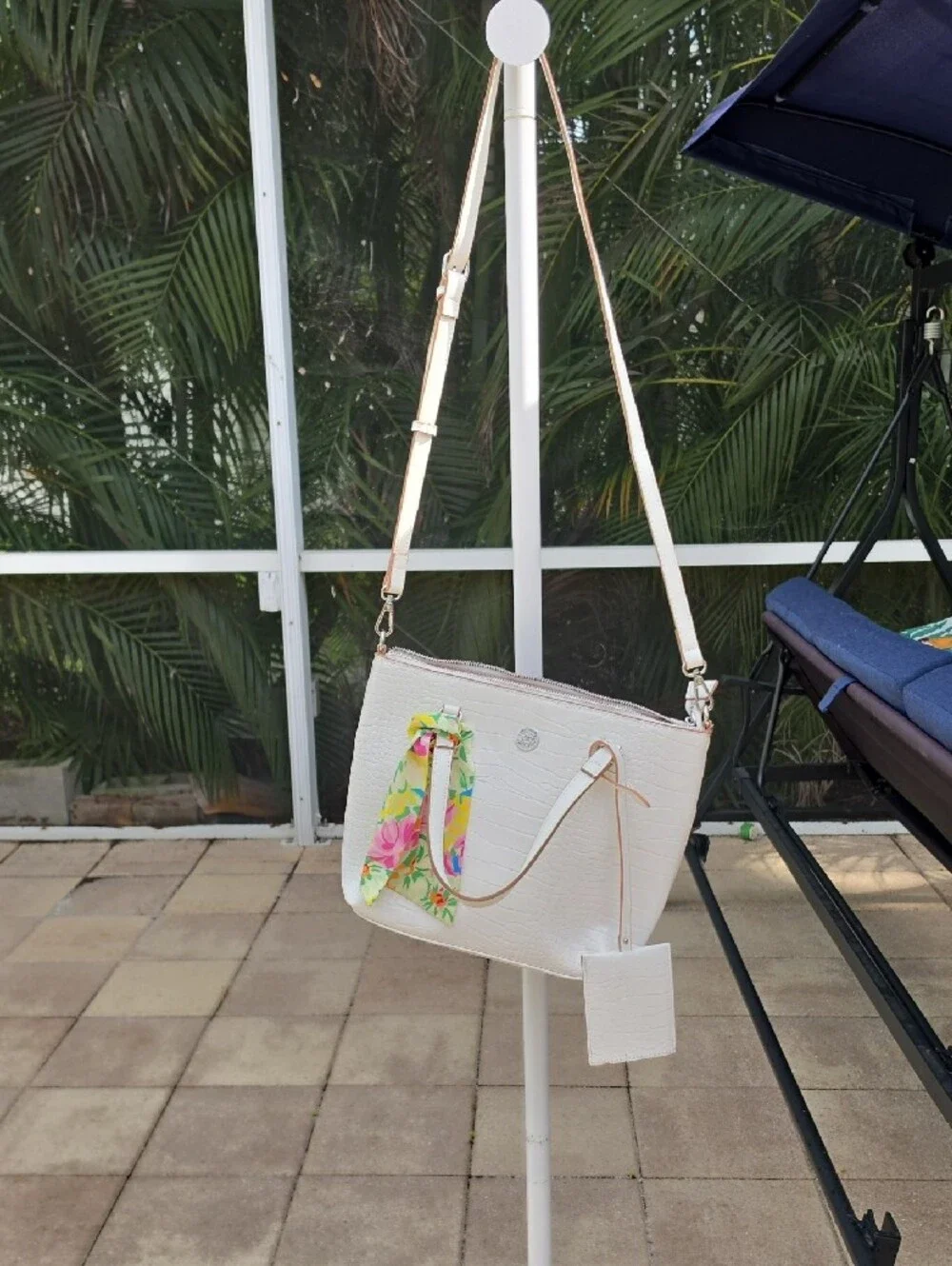 ANNE KLEIN Croc-Embossed White Bag with Floral Scarf Accent